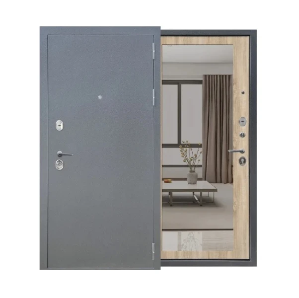 Фото для Дверь входная Аркан 860х2050 П, зеркало Букле графит Дуб Сонома светлый