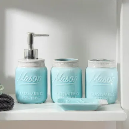 Фото для Набор аксессуаров для ванной комнаты «Рони», 4 предмета (мыльница, дозатор для мыла 380 мл, 2 стакана), голубой 5426119