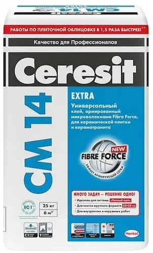 Универсальный клей Ceresit CM 14 «Extra», 25 кг с армирующими микроволокнами для керамической плитки и керамогранита