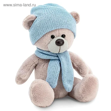 Фото для медведь Топтыжкин, шапка, шарф, серый 17см