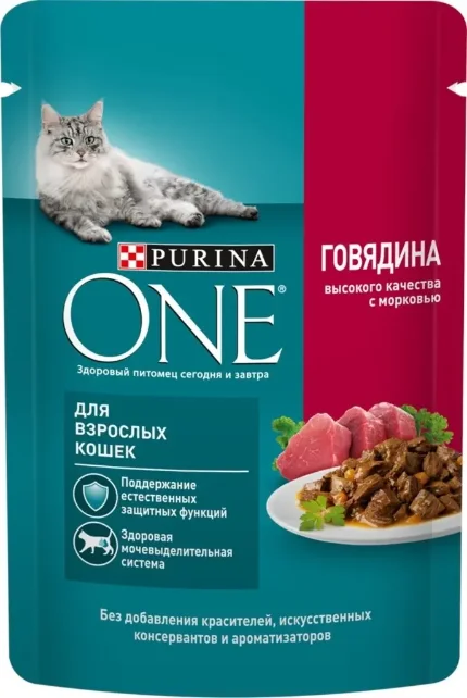 Фото для Purina ONE корм для взрослых кошек в м/п Говядина с морковью,75 гр