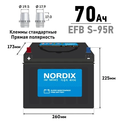Фото для Аккумулятор Nordix S-95R/100D26R, 70Ач, CCA 680А, необслуживаемый, технология EFB