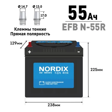 Фото для Аккумулятор Nordix N-55R/70B24R, 55Ач, CCA 460А, необслуживаемый, технология EFB