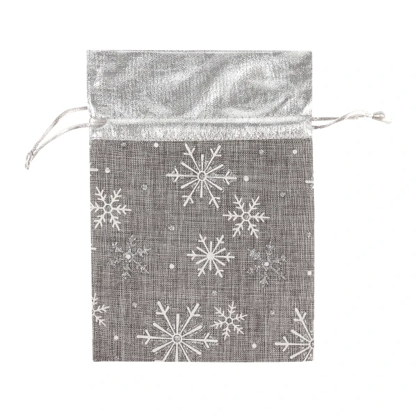 Фото для Мешок новогодний для подарков Снежинки серебро лофт 13х18см