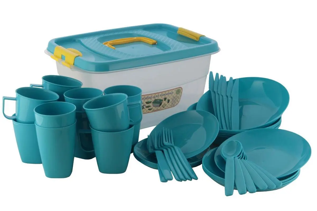 Набор посуды для пикника на 6 персон голубой П0623