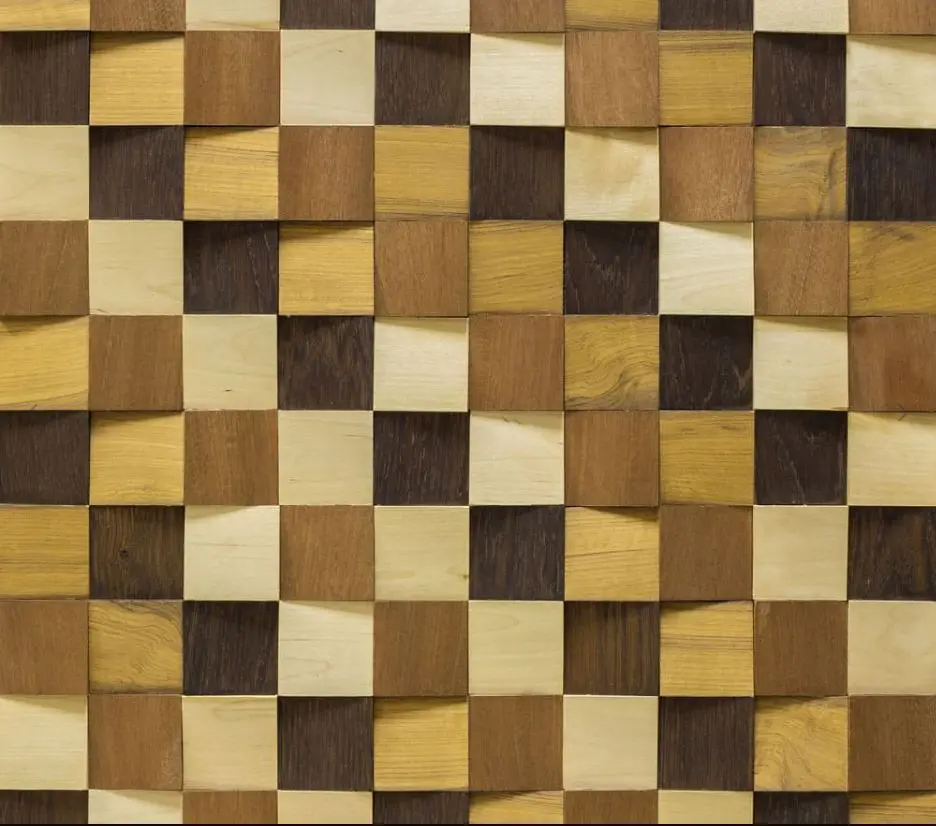 Деревянная мозаика Сакура микс: береза, тик, сапели, олива, дуб темный, ясень 300*300 Arabesco