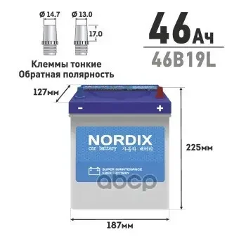 Фото для Аккумулятор 6Ст- 46 А/Ч 46B19l Nordix Не Обслужив. Мл.клемы Cca370a Номинальная Емкость 46 Ач, Пусковой Ток 370 А NORDIX арт....
