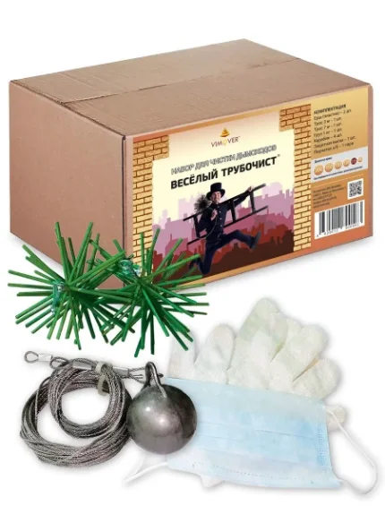 Фото для ВеселыйТрубочист Набор d100 мех.чист.дым(ёрш-2шт трос2шт карабин3шт гиря1шт перч1шт маска1шт)