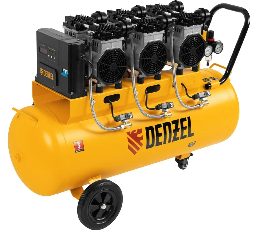 Компрессор безмаслянный малошумный DLS 3300/100, 3300 Вт,3х1100, 100 л, 570 л/мин блок упр// Denzel
