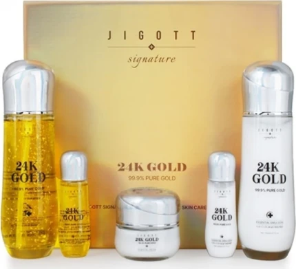 Фото для Jigott Набор для лица с частицами коллоидного золота Signature 24K Gold Essential Skin Care 3 (тонер 150/30мл + эмульсия 150/30м