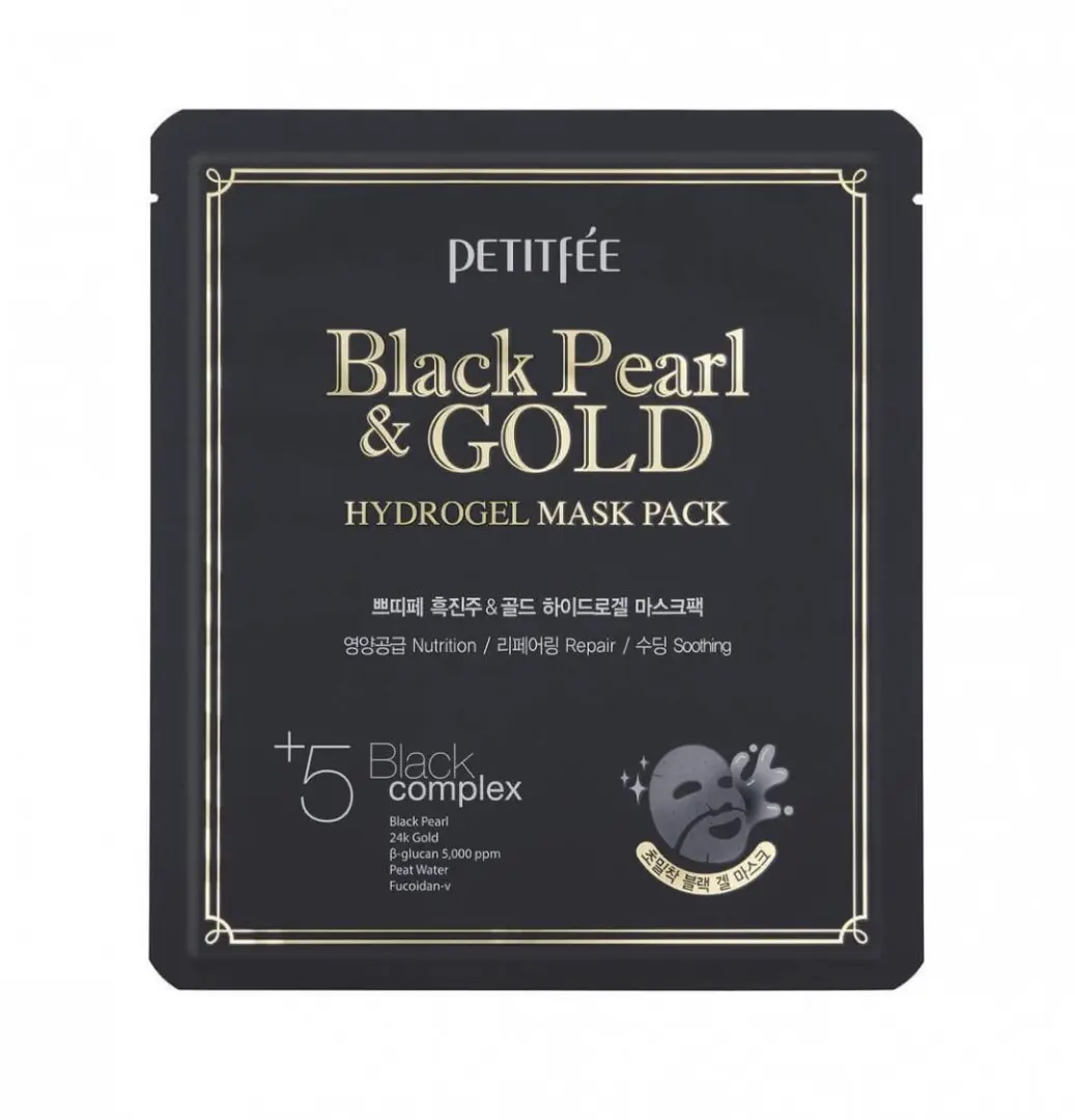 Гидрогелевая маска Petitfee Black Pearl Gold Hydrogel Mask Pack Гидрогелевая маска для лица с чёрной жемчужной пудрой и золотом