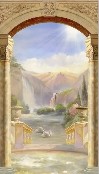 Фреска STEINBAU AMUR "Вид на горный пейзаж с озером в арке"