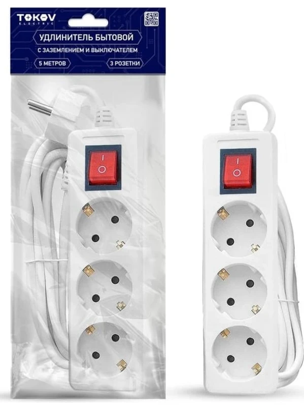 Удлинитель 3x5 м с заземл. с выкл. 10А 3x0.75 TOKOV ELECTRIC TKE-C01-BU3-5-O75-ZV
