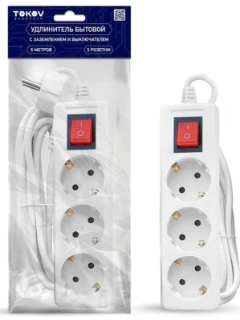 Удлинитель 3x5 м с заземл. с выкл. 10А 3x0.75 TOKOV ELECTRIC TKE-C01-BU3-5-O75-ZV