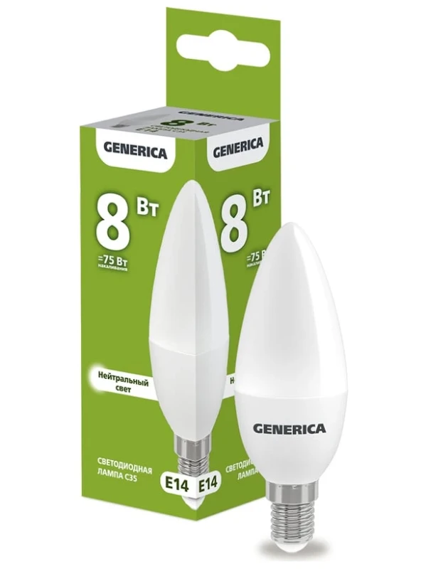
Лампа светодиодная С35 свеча 8Вт 230В 4000К Е14 GENERICA